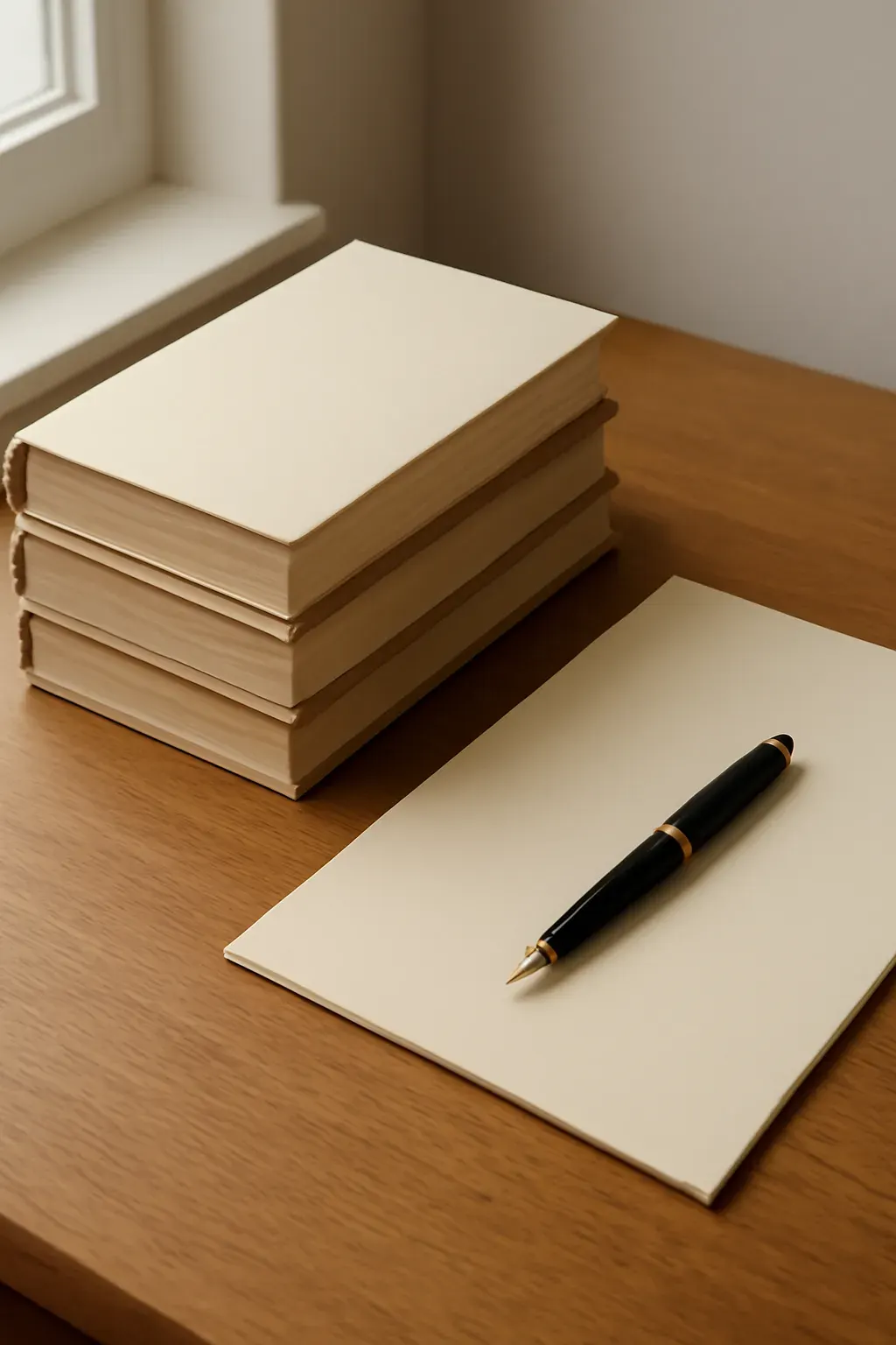 A warm desk workspace showing a stack of closed books viewed along their fore-edges, a cream folder and fountain pen in soft window light.