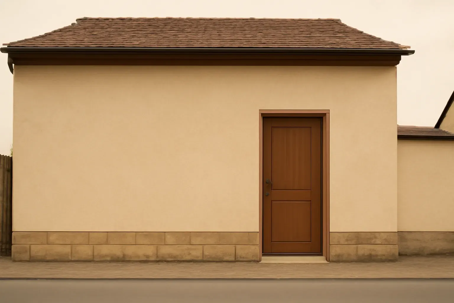 A quiet residential Hessian street with a modest, completely unmarked house facade and wooden door, soft daylight, calm sky area for a map pin overlay.