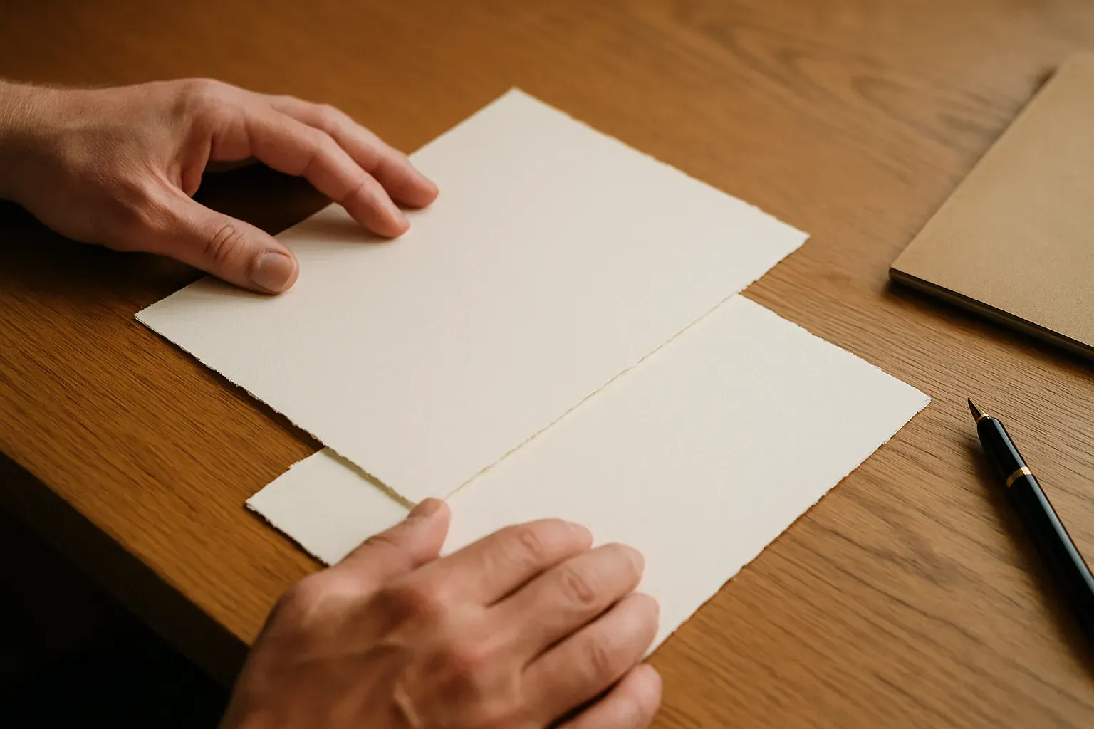 Two hands carefully aligning two blank sheets of ivory paper in precise register on a warm wooden desk, soft daylight from the side.