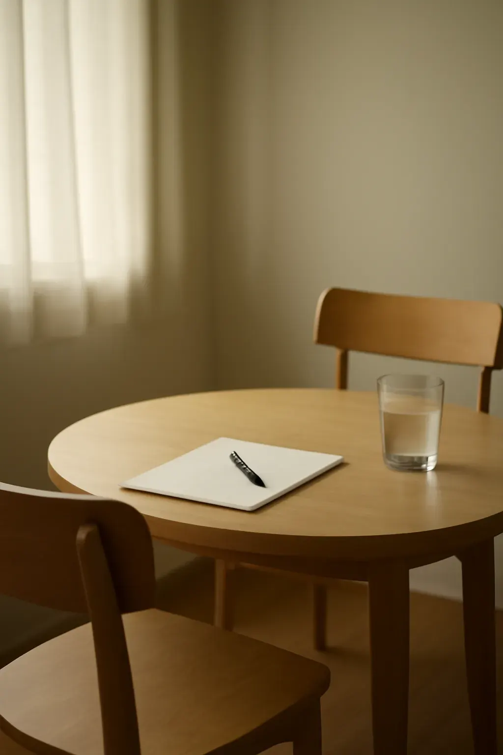 Two chairs facing each other at a small meeting table, a notepad and pen ready, soft window light.