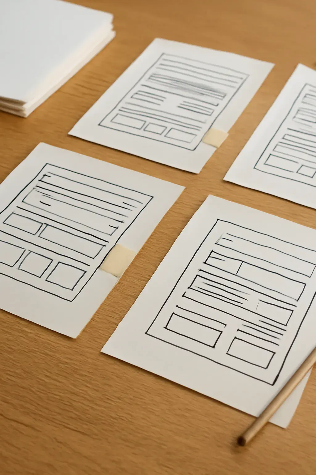 Printed website layout proof sheets with placeholder bar diagrams and warm-neutral section tabs spread on a desk.