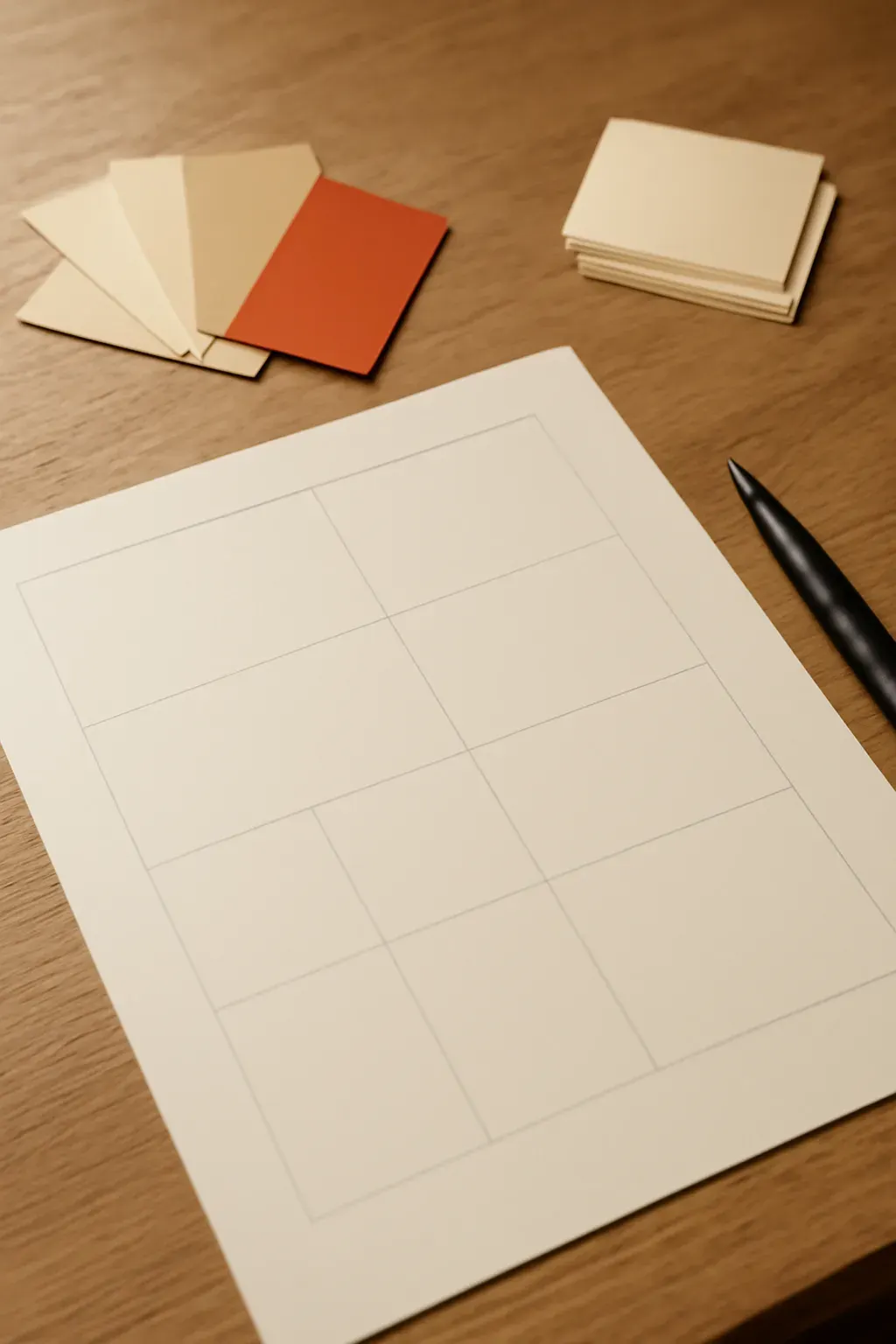 A pencil-ruled blank layout grid with warm paper colour swatches and an uncapped marker on a creative desk.