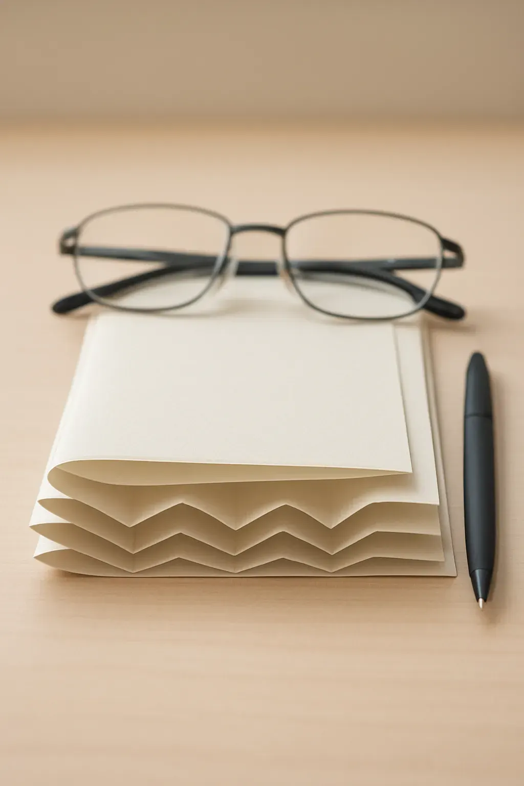 The folded accordion edge of a blank pharmaceutical leaflet with reading glasses and a fine pen resting on top.