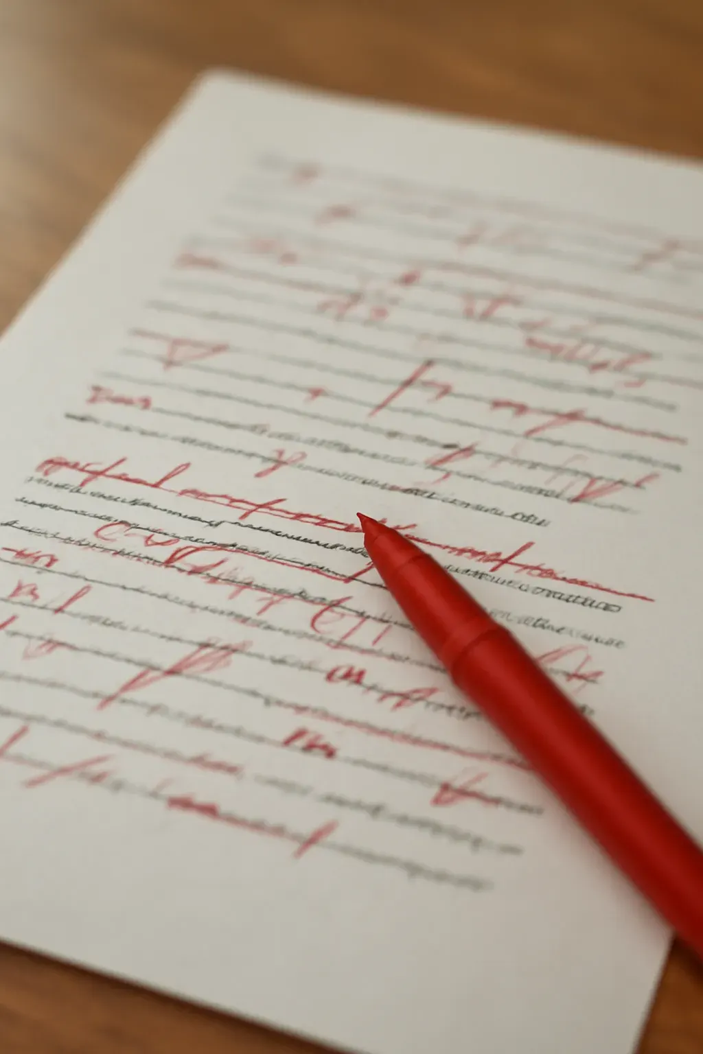 A manuscript page marked with careful red-pen proofreading edits, a red pen resting mid-correction.