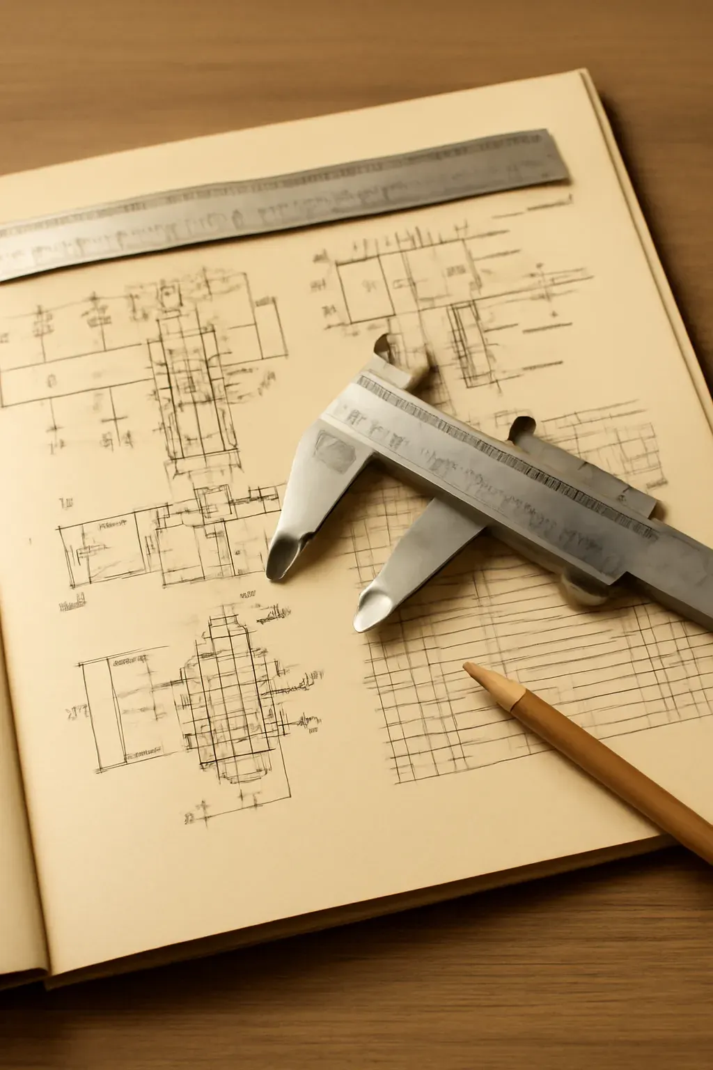 A technical manual page with diagrams being checked with a ruler and calipers on a desk.